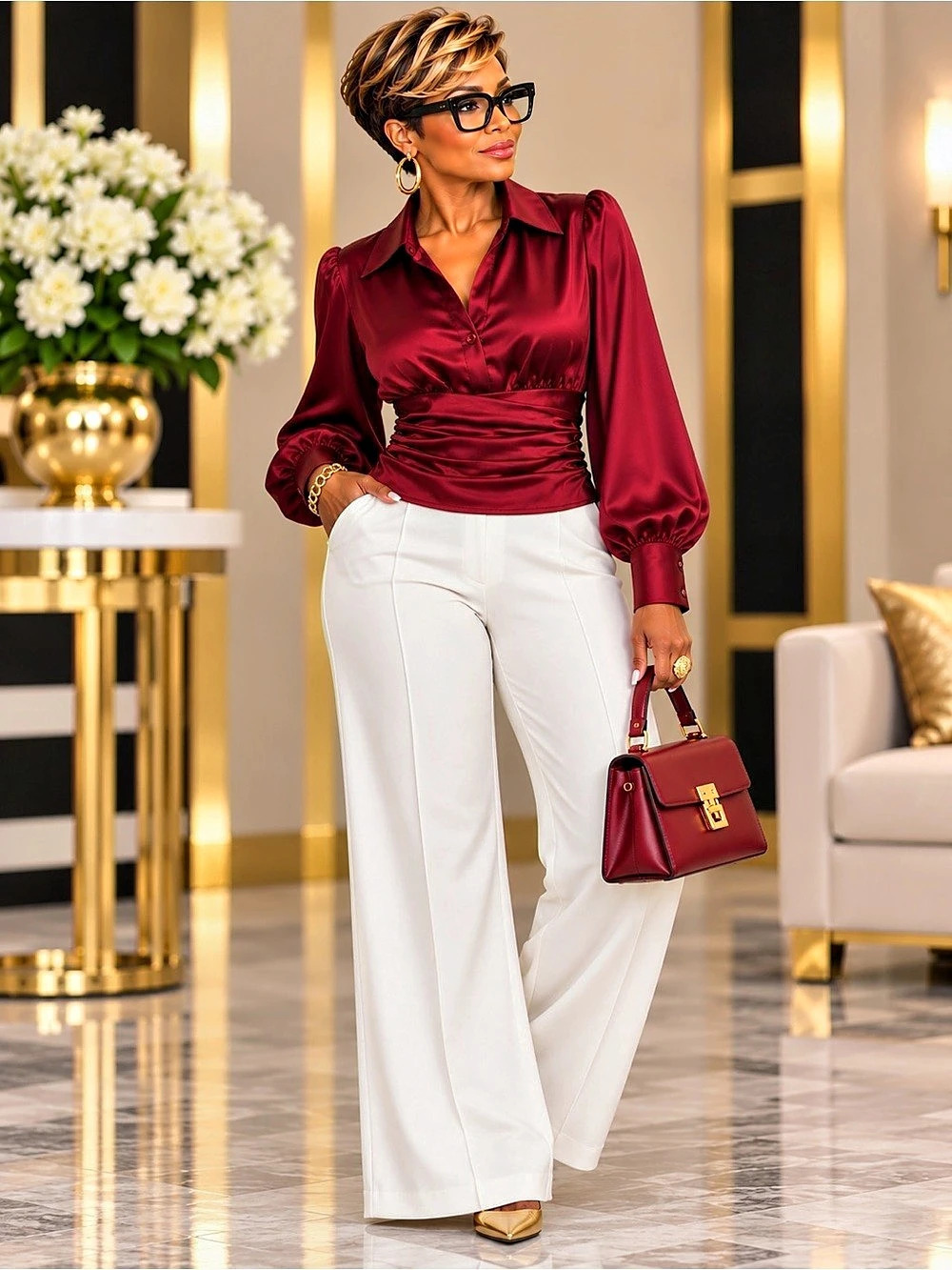 Burgundy Satin Shirred Waist Long Sleeve Blouse Large 8 10